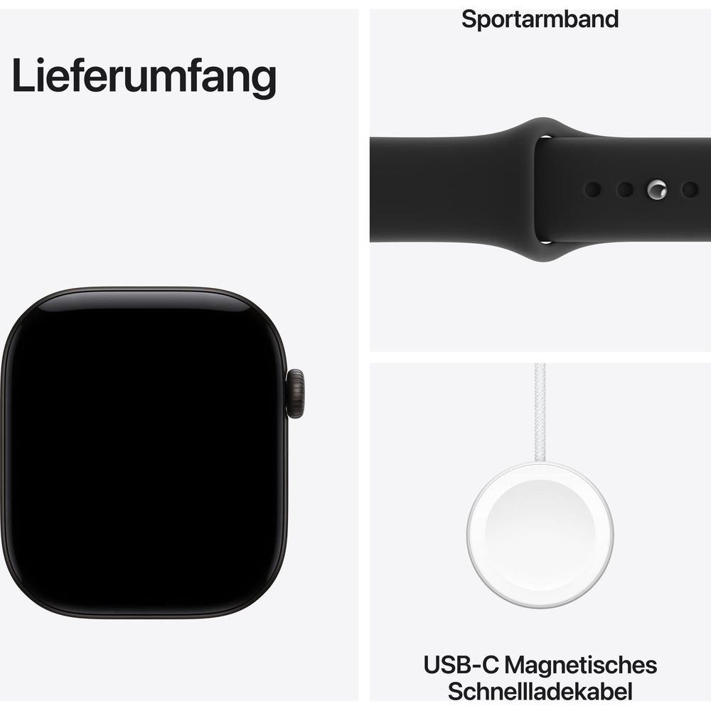 La confezione include uno smartwatch, un cinturino sportivo e un cavo di ricarica magnetica.