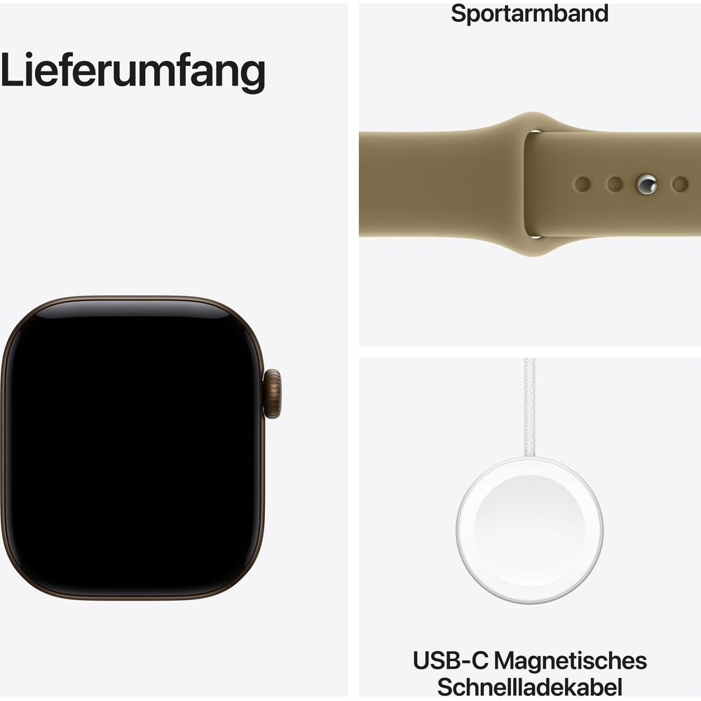 Contenuto: smartwatch, cinturino sportivo marrone e cavo di ricarica rapida magnetica USB-C.