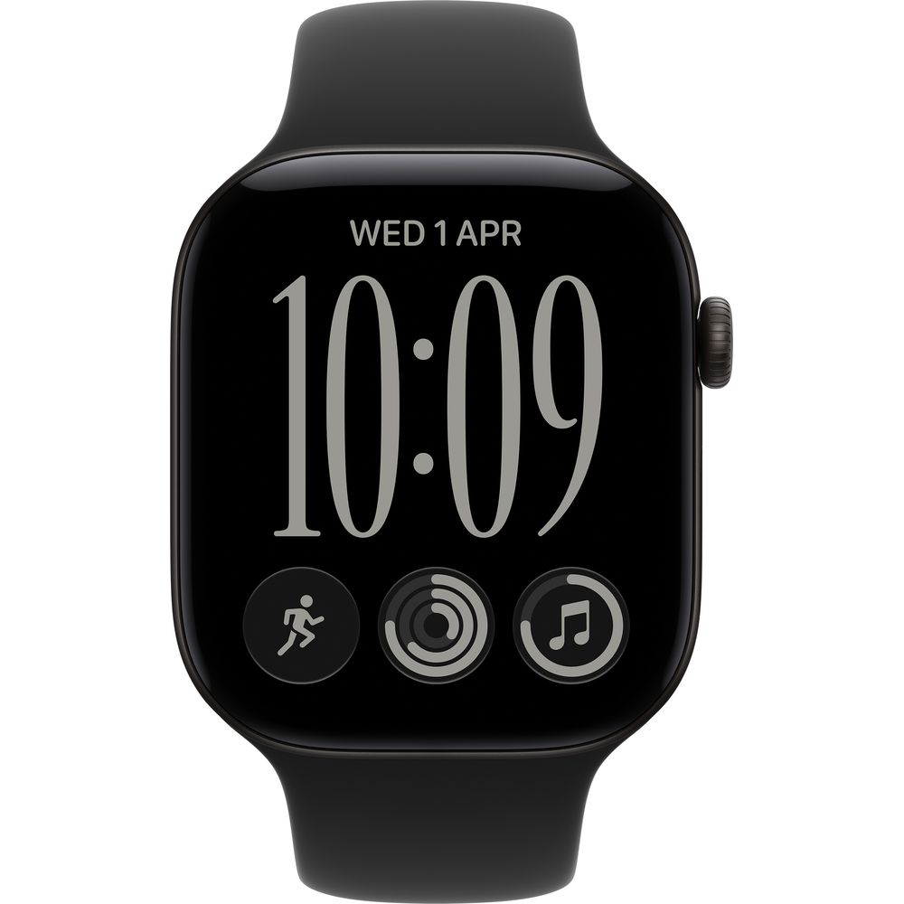 Uno smartwatch nero che mostra l'ora 10:09, la data mercoledì 1 aprile e tre icone di app in basso.