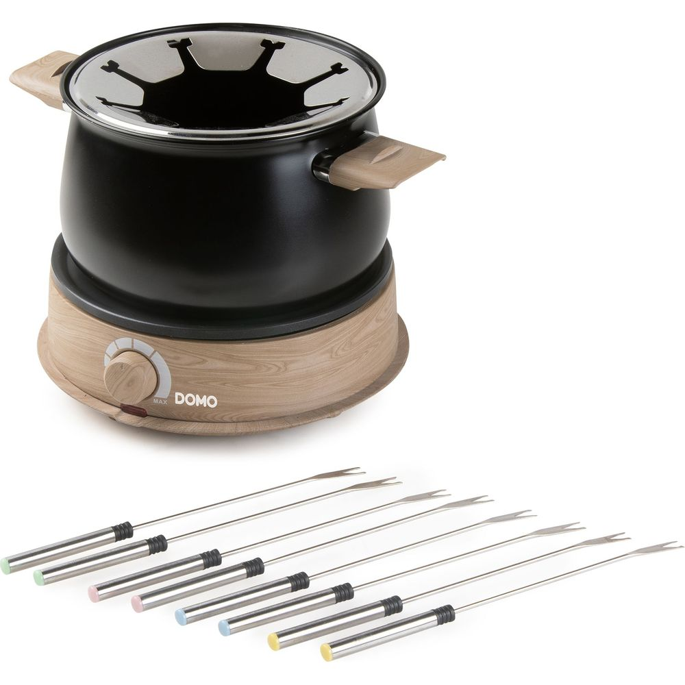 Service à fondue noir avec base en bois, bouton et huit fourchettes colorées.