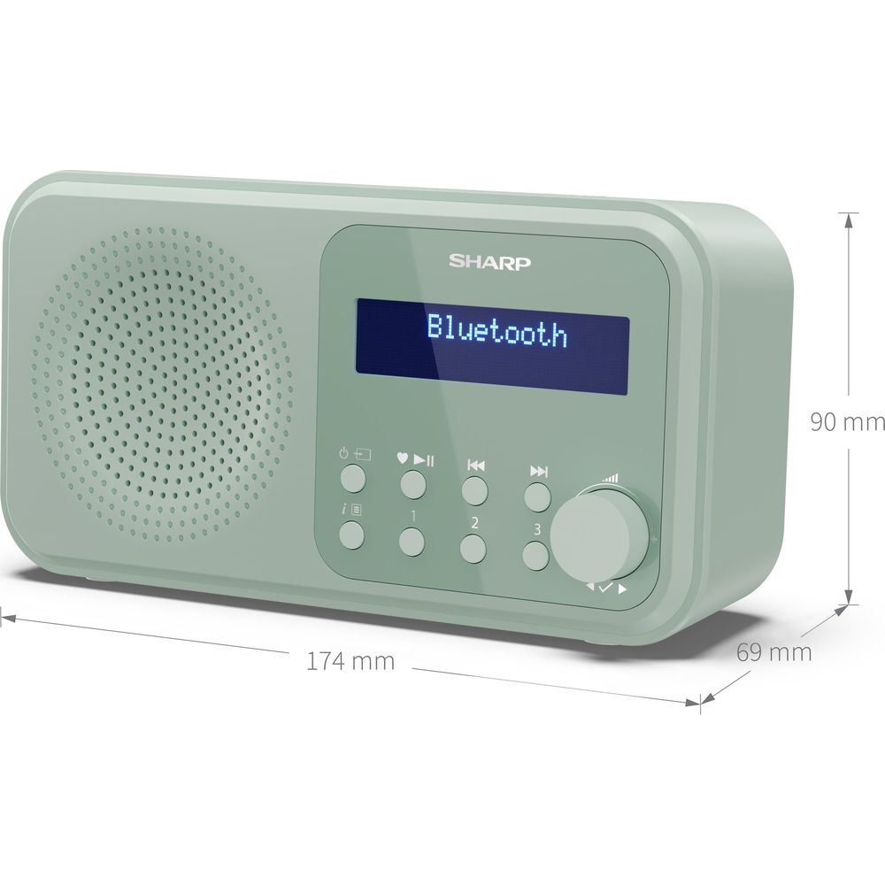 Grünes Sharp Digitalradio mit Display, Tasten und Maßangaben.