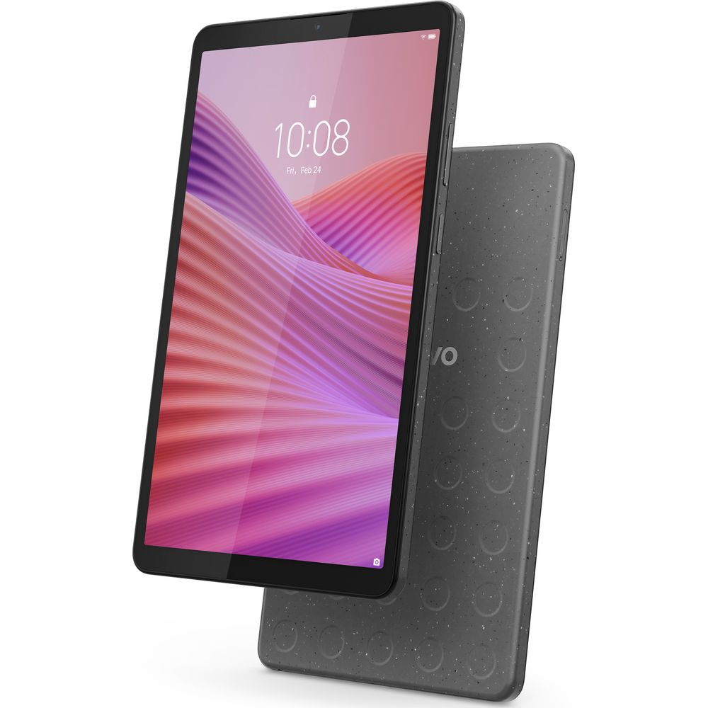 Un tablet grigio con uno sfondo ondulato rosa e viola, che mostra il suo pannello posteriore testurizzato.