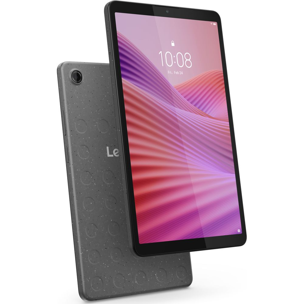 Tablet grigio con cover posteriore fantasia e display colorato.