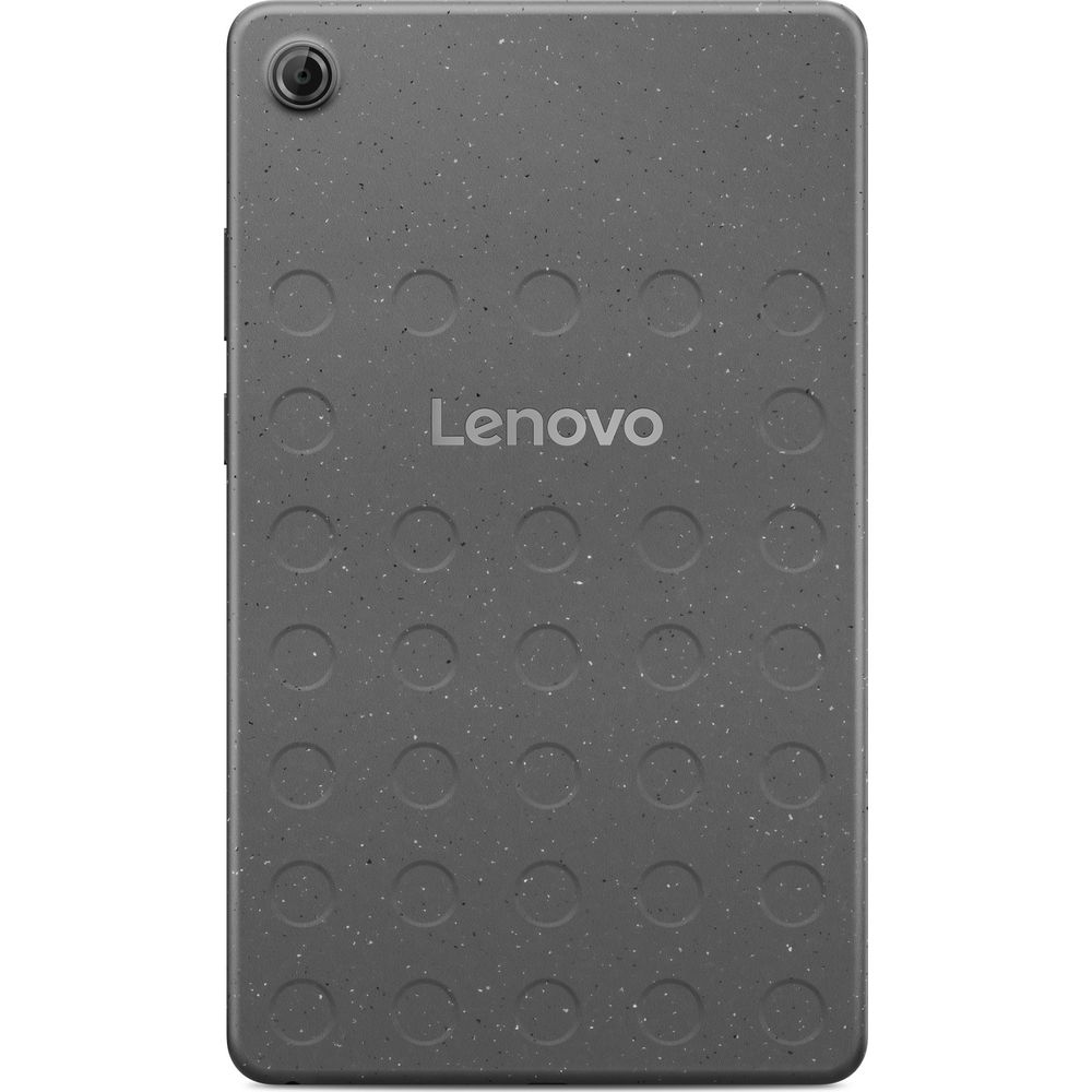 Retro di un tablet Lenovo grigio con texture maculata e motivi circolari.