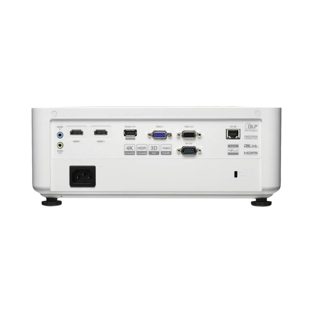 Rückseite eines weißen Projektors mit verschiedenen Anschlüssen wie HDMI, VGA, Audio und Netzteil.