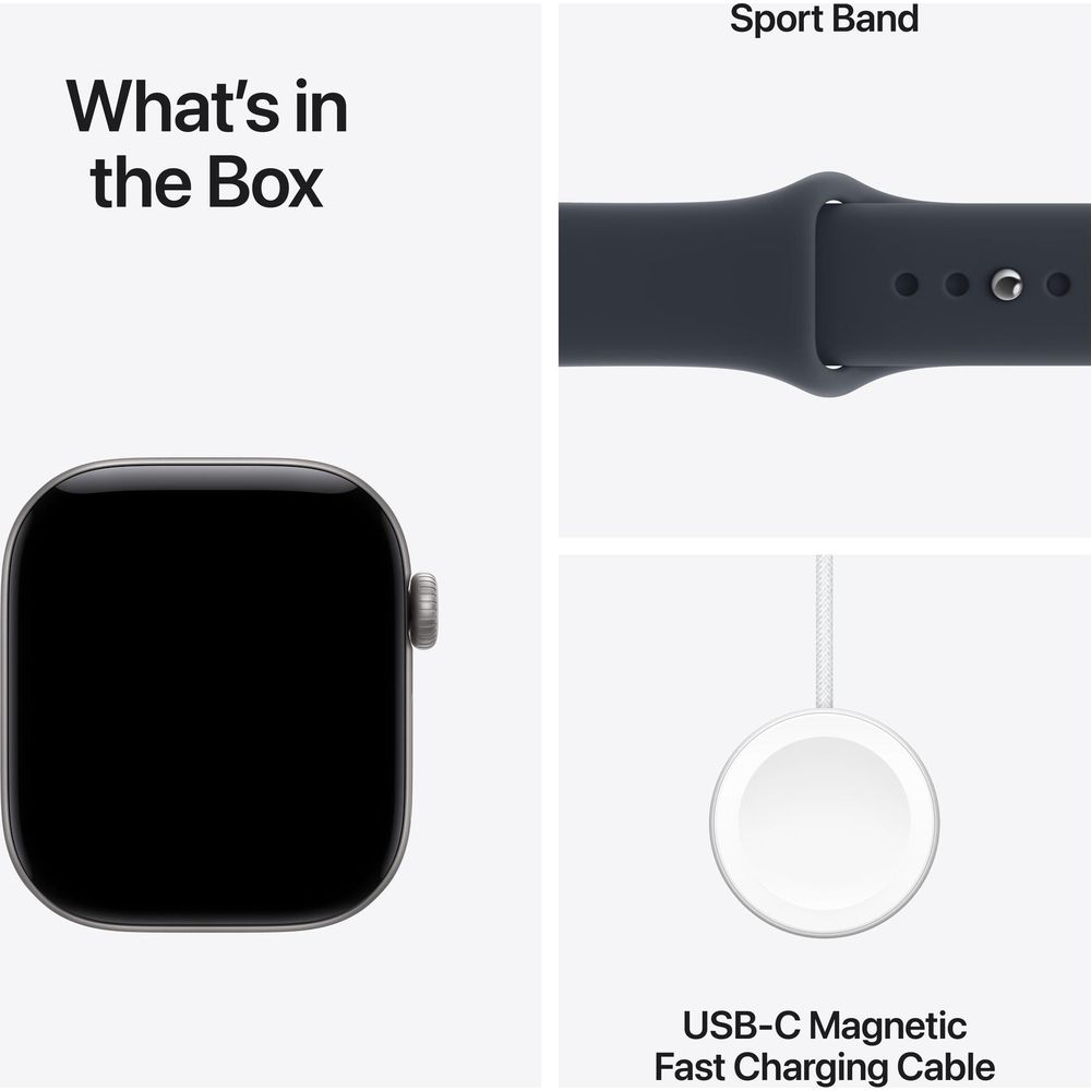 Contenuto della confezione: Apple Watch, cinturino Sport e cavo di carica rapida USB-C.