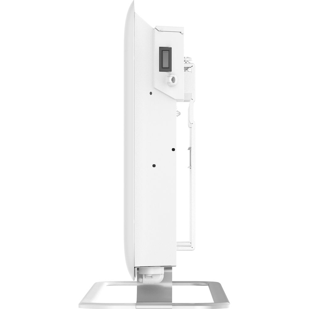 Vista laterale di un termoconvettore elettrico bianco su supporto metallico.