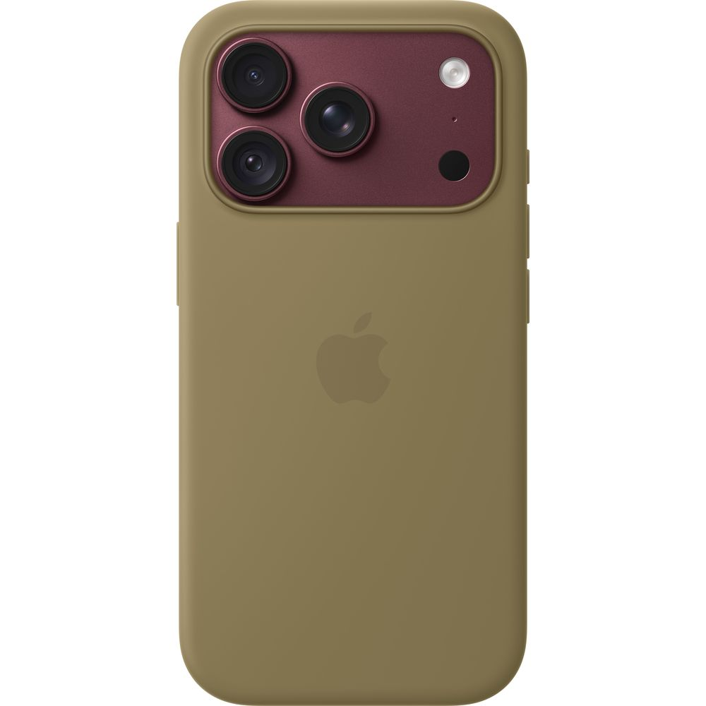 Funda de iPhone verde oliva con módulo de cámara rojo, tres lentes y logo de Apple.