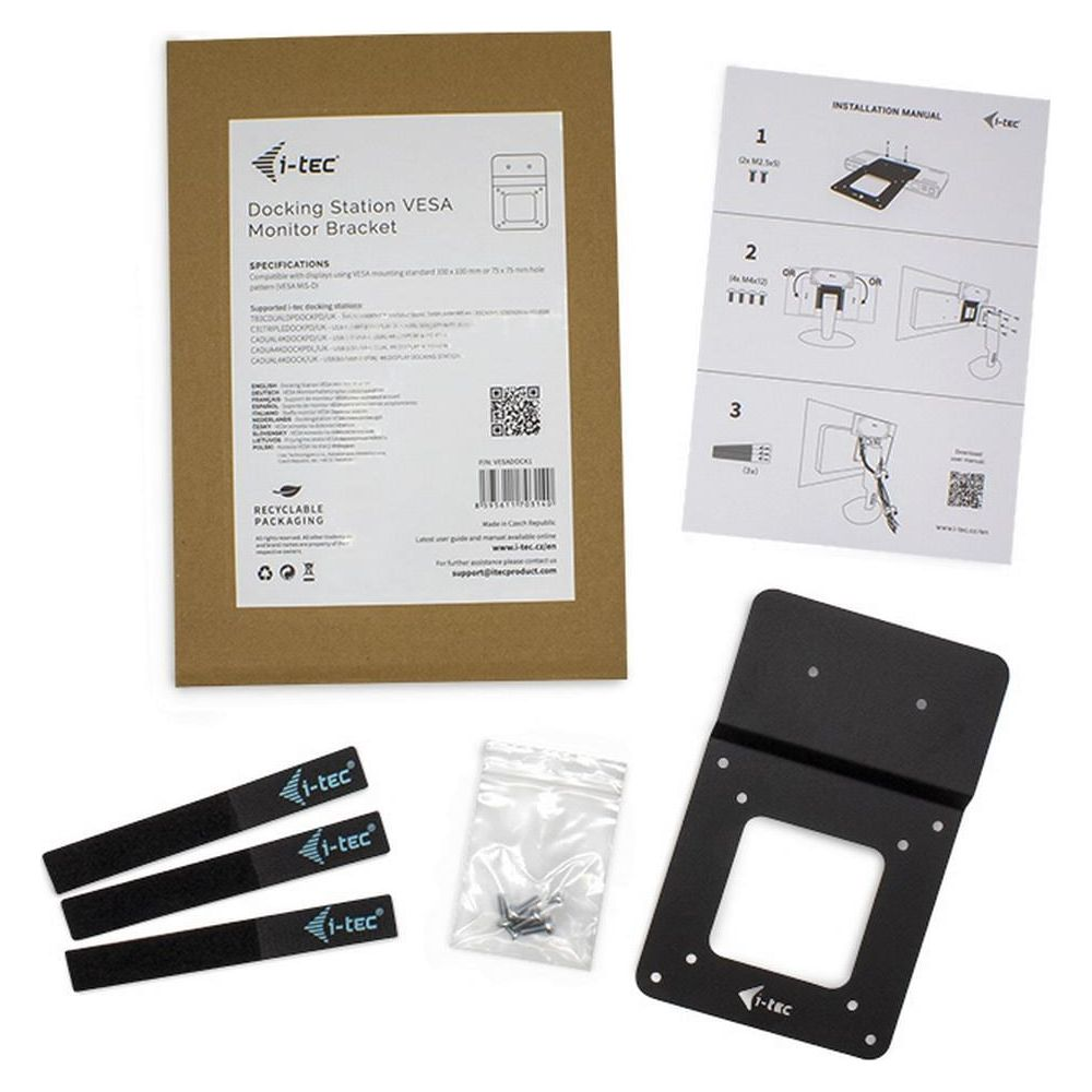 I-tec VESA-Halterung mit Verpackung, Handbuch, Schrauben und Klettbändern.