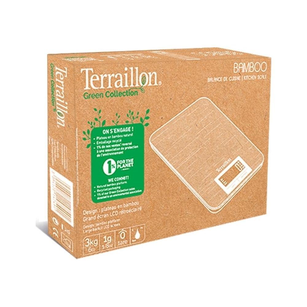 Caja de cartón para báscula de cocina Terraillon Bamboo con diseño ecológico.