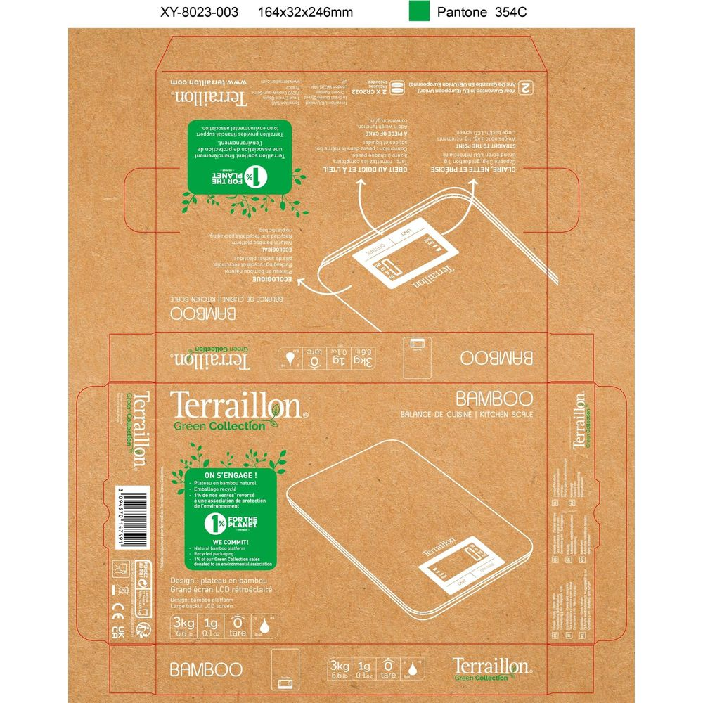 Diseño plano de empaque de cartón marrón para baliza de cocina de bambú Terraillon con gráficos y texto.