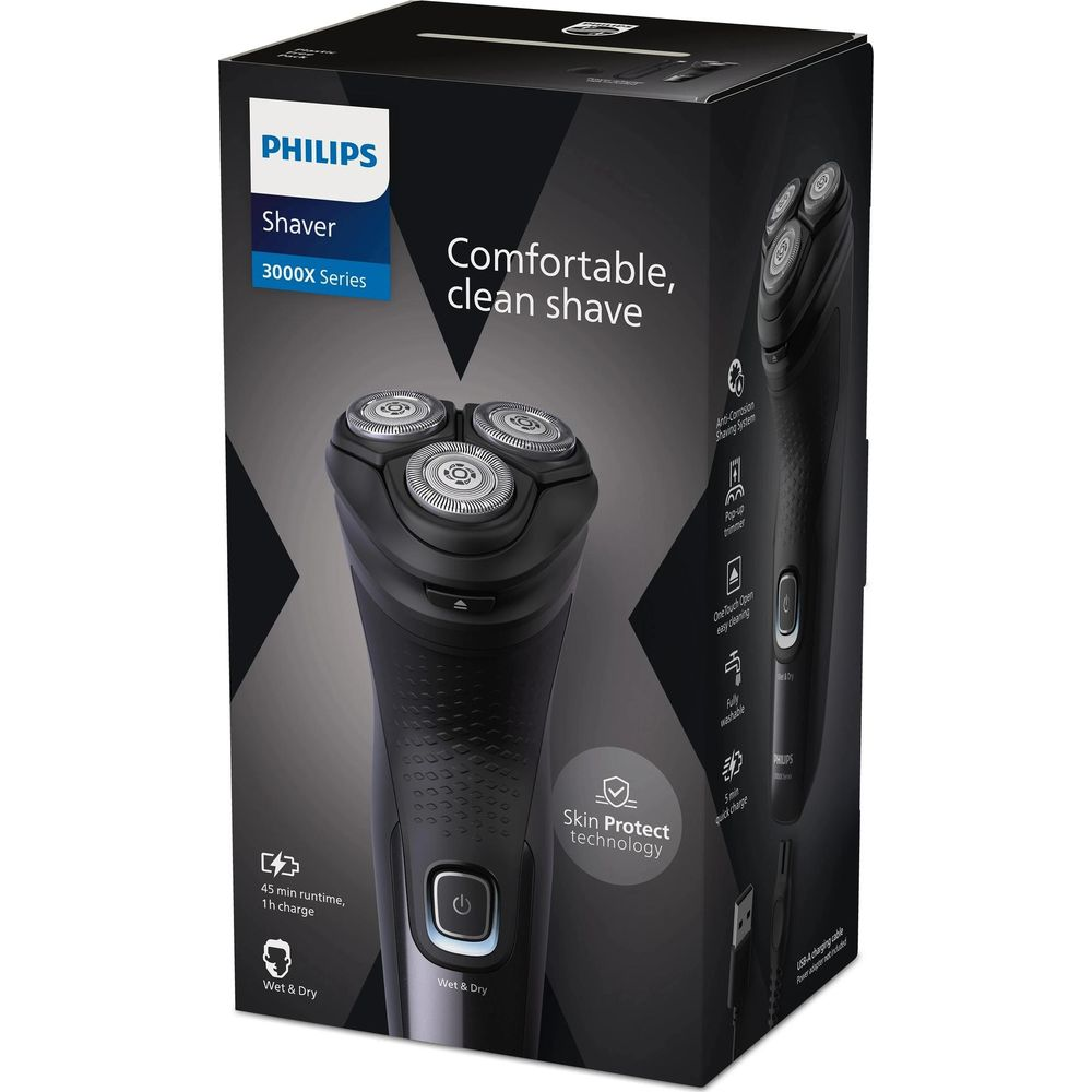 Scatola nera Philips Shaver 3000X Series che mostra un rasoio elettrico e le caratteristiche.