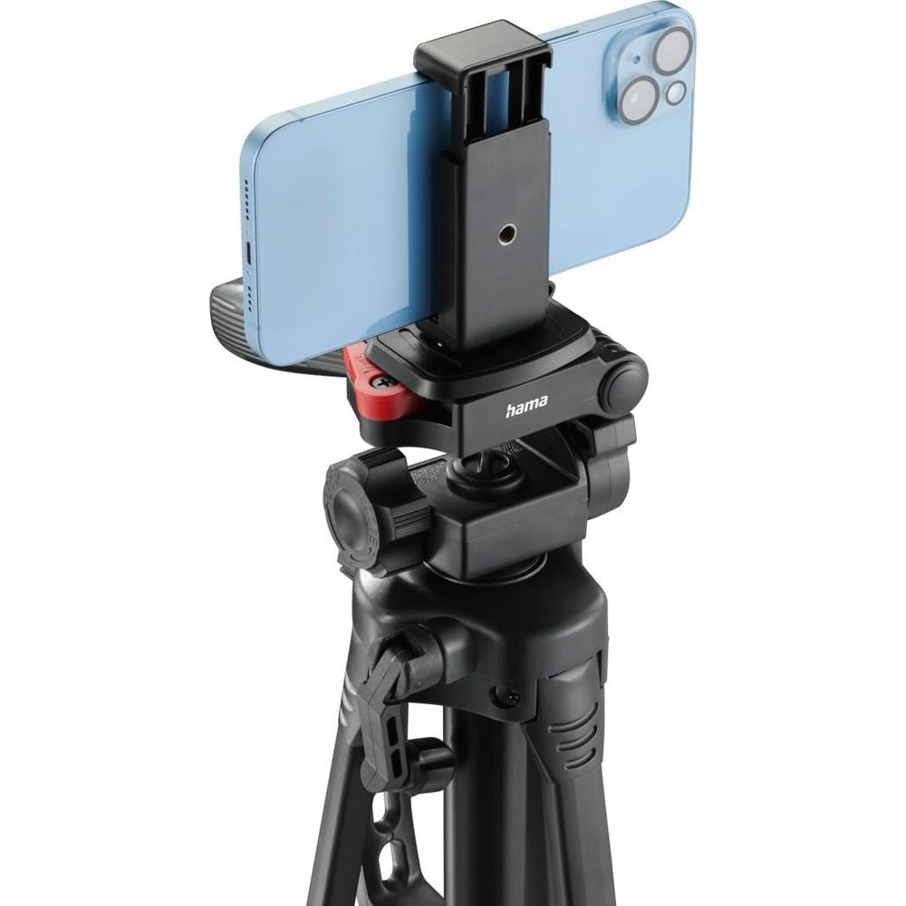 Uno smartphone azzurro è montato orizzontalmente in un supporto nero su un treppiede.