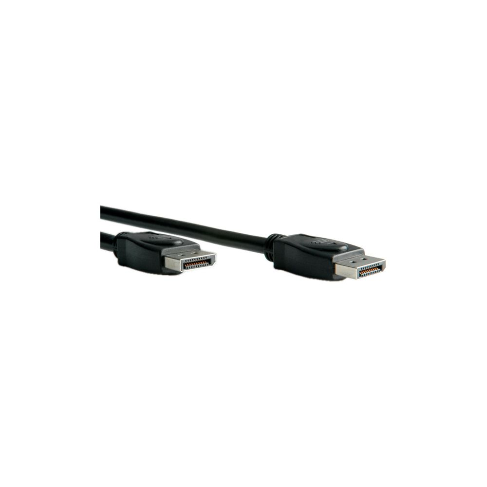 Ein schwarzes DisplayPort-Kabel mit zwei silbernen Steckern auf weißem Hintergrund.