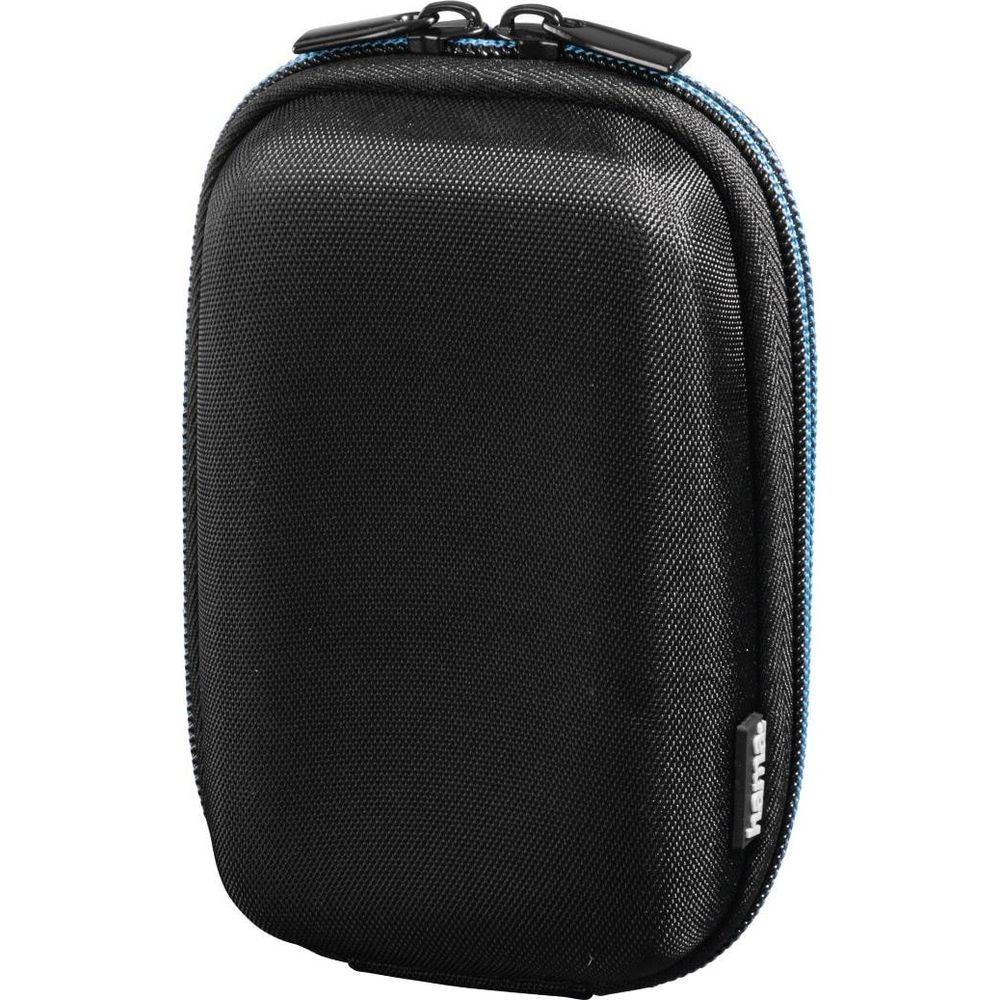 Eine schwarze Hartschalen-Gadget-Tasche mit blauem Reißverschluss auf weißem Hintergrund.