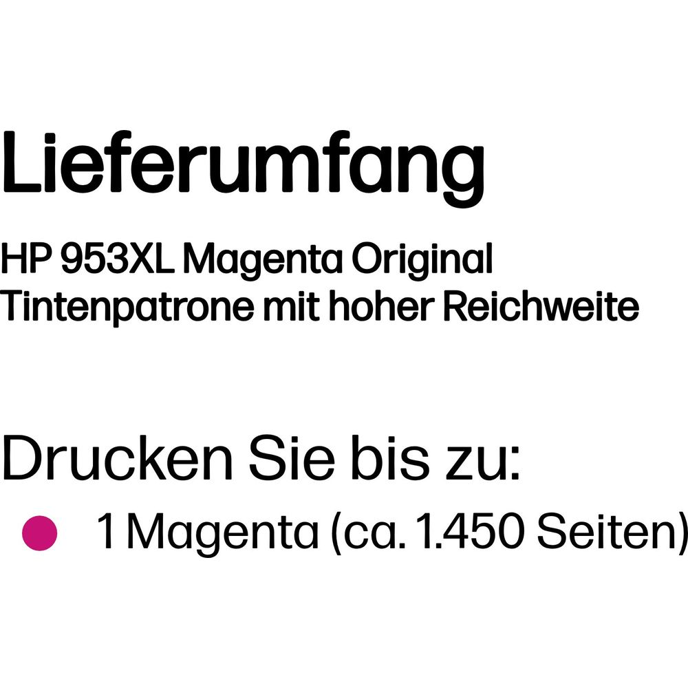 Texto en negro con detalles sobre el cartucho de tinta magenta HP 953XL con un rendimiento de 1.450 páginas.