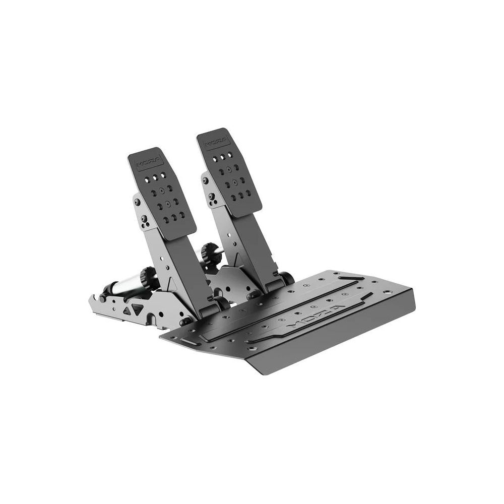 Black metal racing pedals with baseplate and mechanical adjustments on a white background.