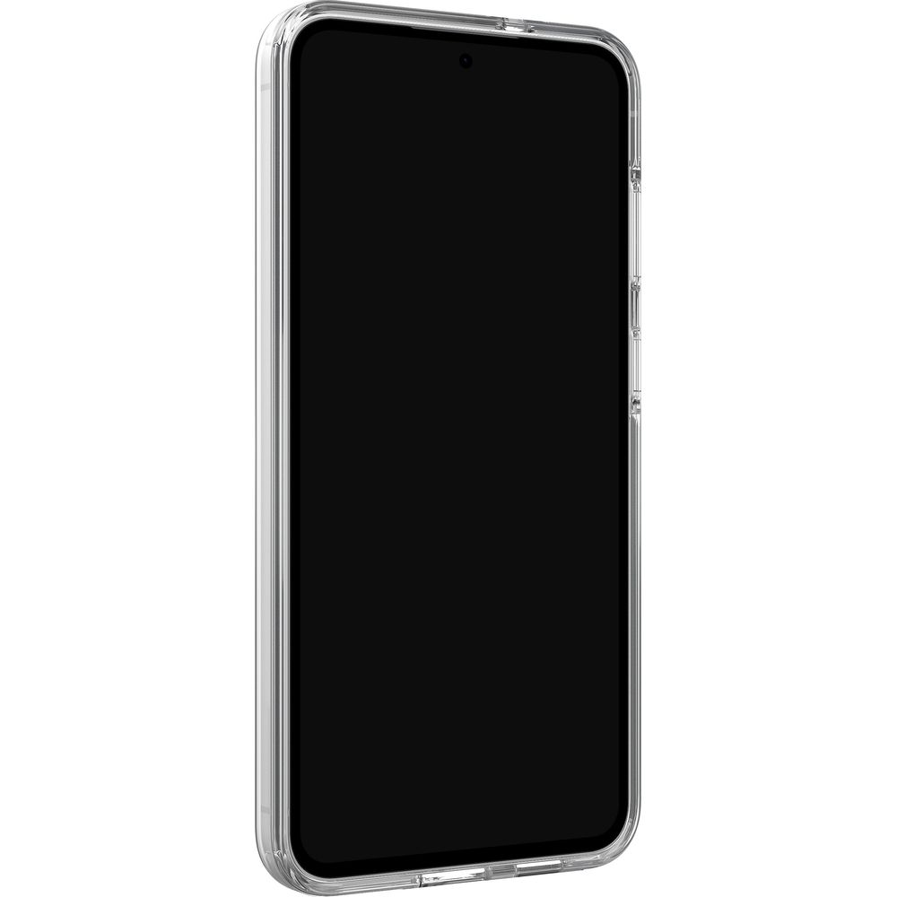 Ein elegantes modernes Smartphone mit schwarzem Bildschirm steckt in einer transparenten Schutzhülle auf weißem Grund.
