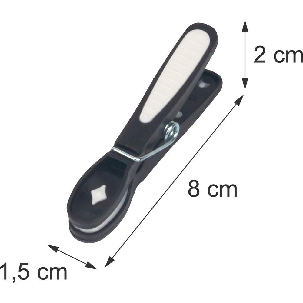 Schwarze Wäscheklammer mit Maßen: 8 cm lang, 1,5 cm breit und 2 cm hoch.
