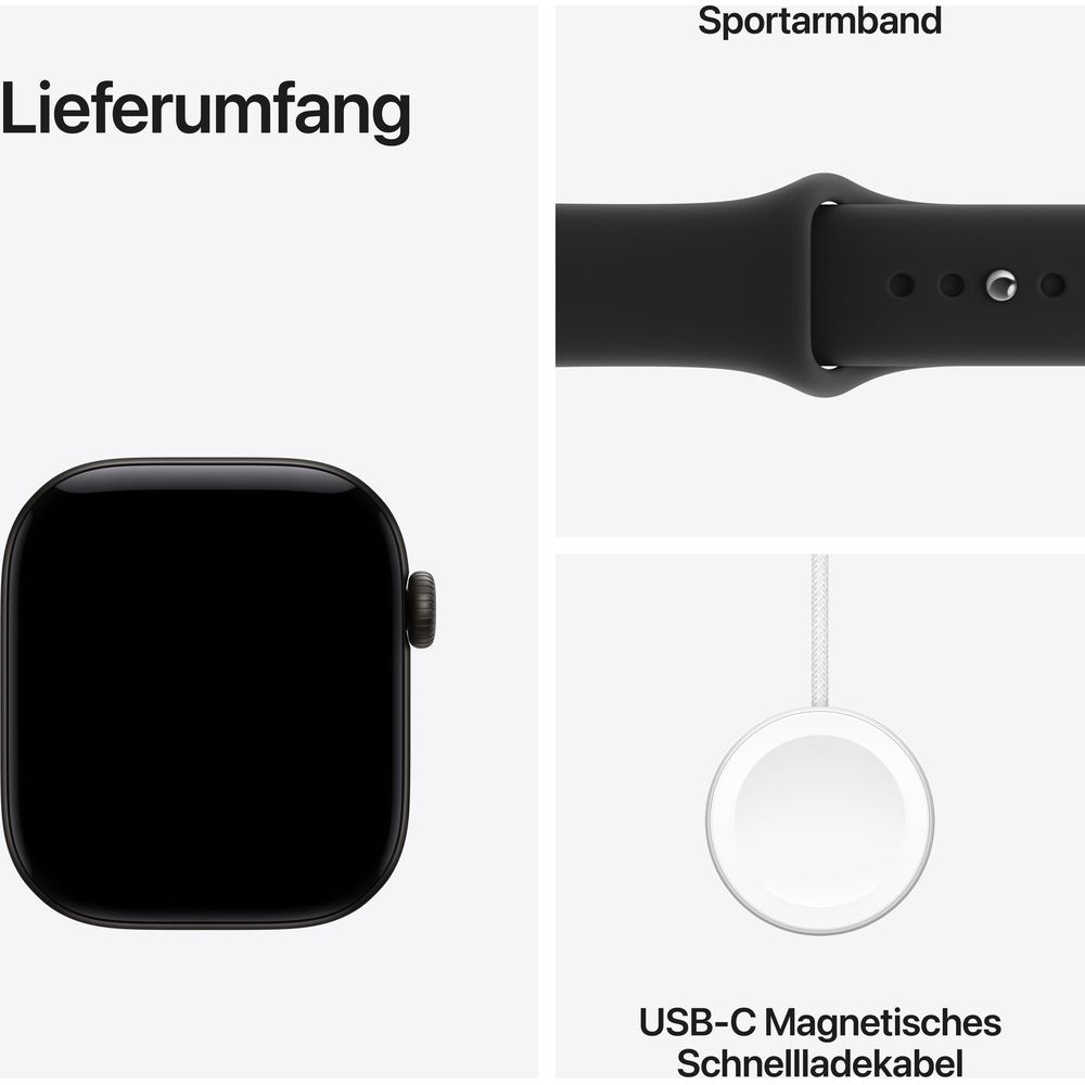 Contenuto della confezione con cassa smartwatch, cinturino sportivo nero e cavo di ricarica rapida magnetica USB-C.