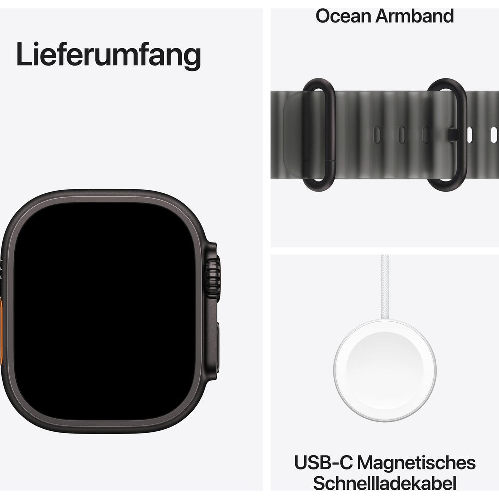 Mostra il contenuto: uno smartwatch nero, un cinturino Ocean e un cavo di ricarica rapida magnetica USB-C.