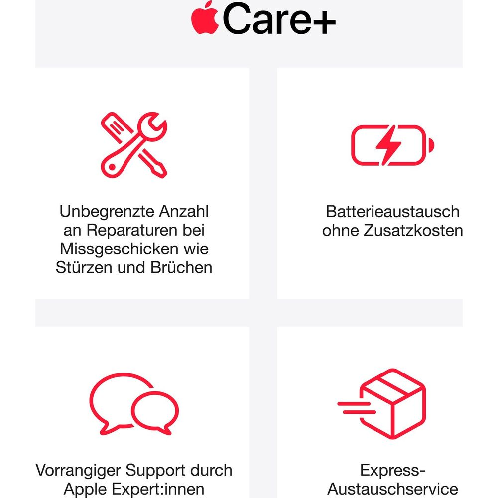 Vantaggi di AppleCare+ con quattro icone per riparazioni illimitate, sostituzione batteria, supporto e cambio express.
