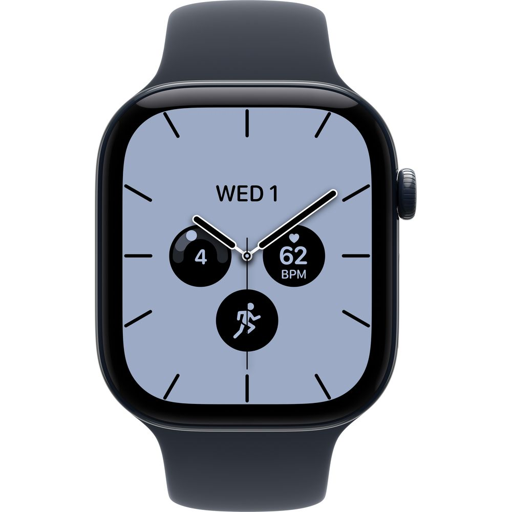 Eine schwarze Smartwatch mit hellblauem Zifferblatt zeigt Mittwoch 1, Herzfrequenz und Aktivitätsdaten.