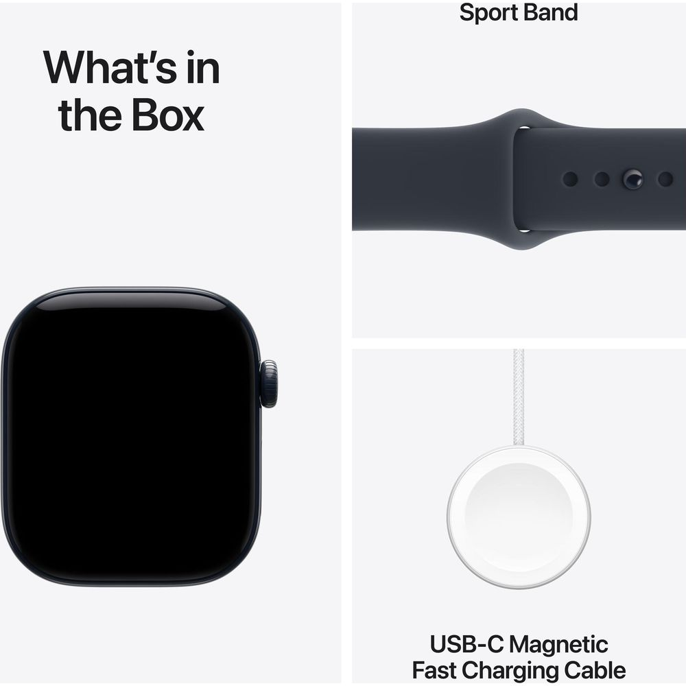 Lieferumfang: Apple Watch Gehäuse, Sportarmband und USB-C Magnet-Schnellladekabel auf weißem Hintergrund.