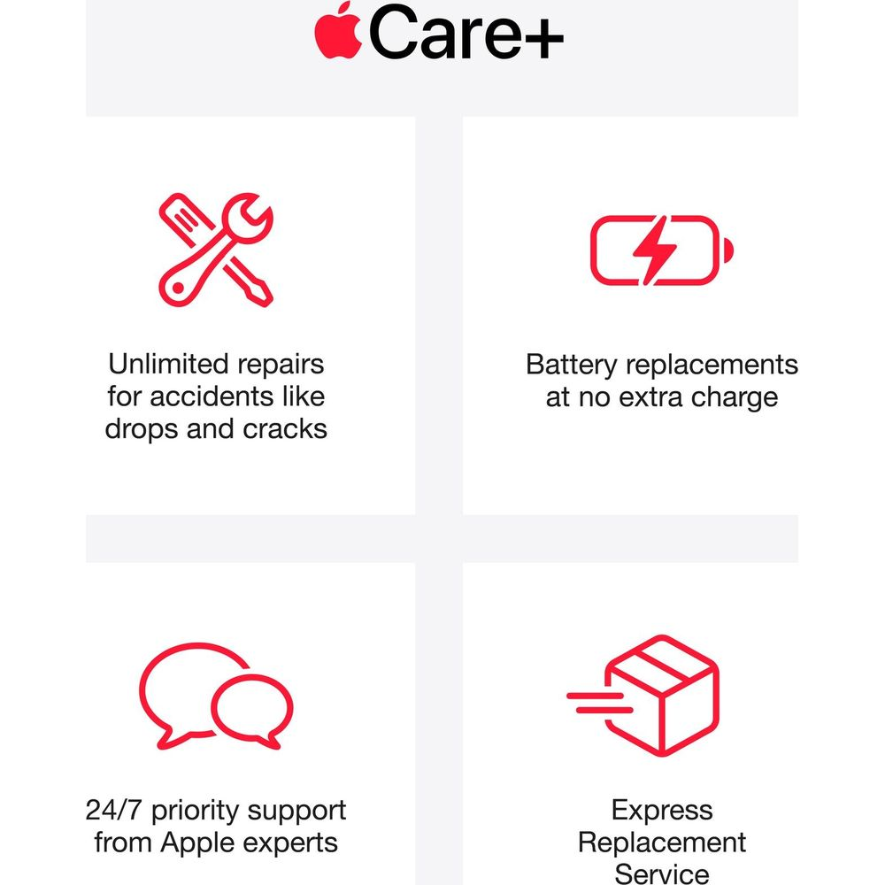 Vantaggi AppleCare+: riparazioni, batteria, supporto 24/7 e sostituzione express.