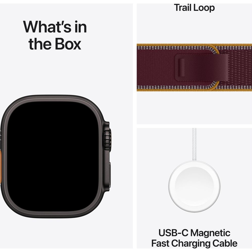 Contenuto della confezione: orologio nero, cinturino Trail Loop bordeaux e cavo di ricarica rapida USB-C.