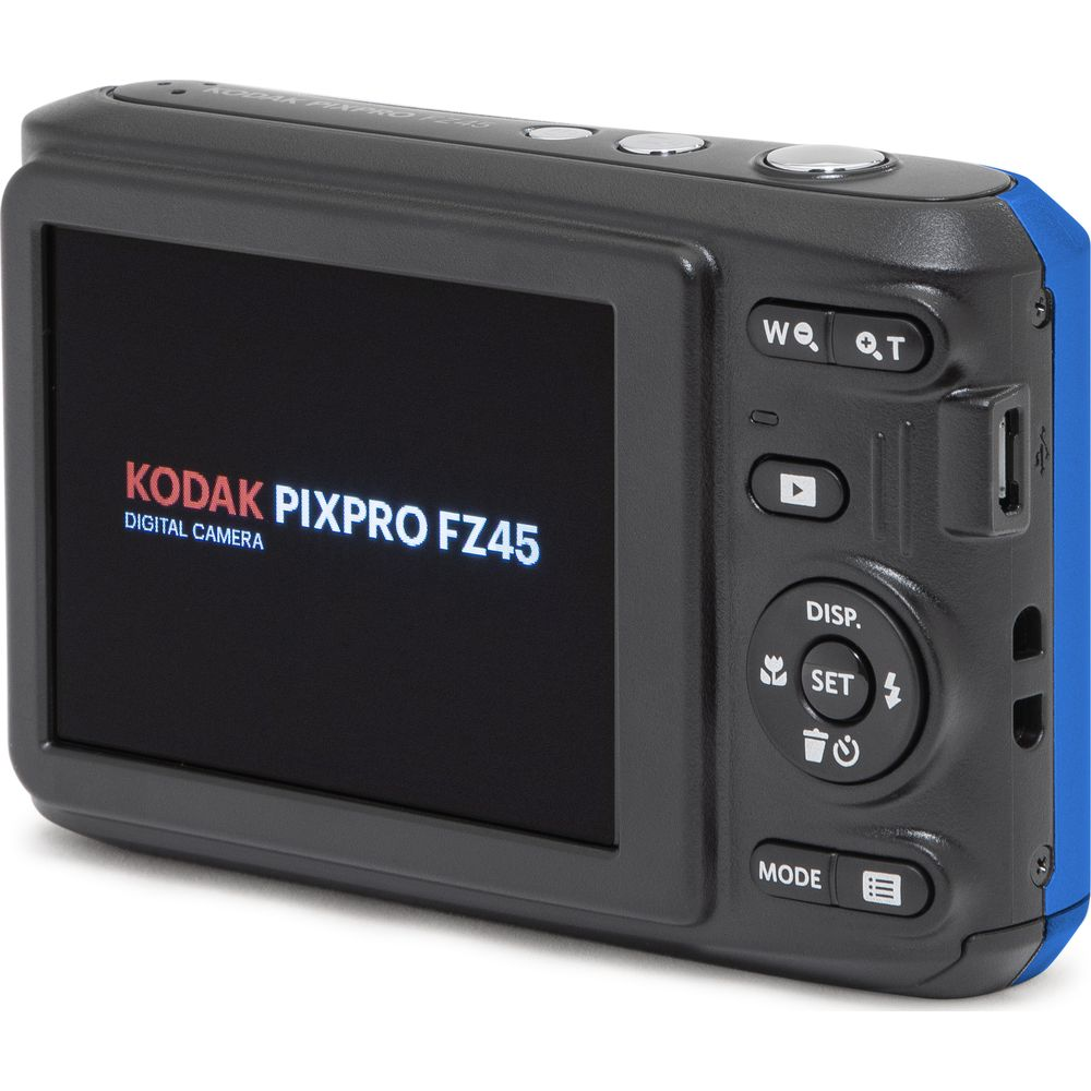Vue arrière d'un appareil photo numérique noir Kodak Pixpro FZ45 avec bordure bleue et écran allumé.