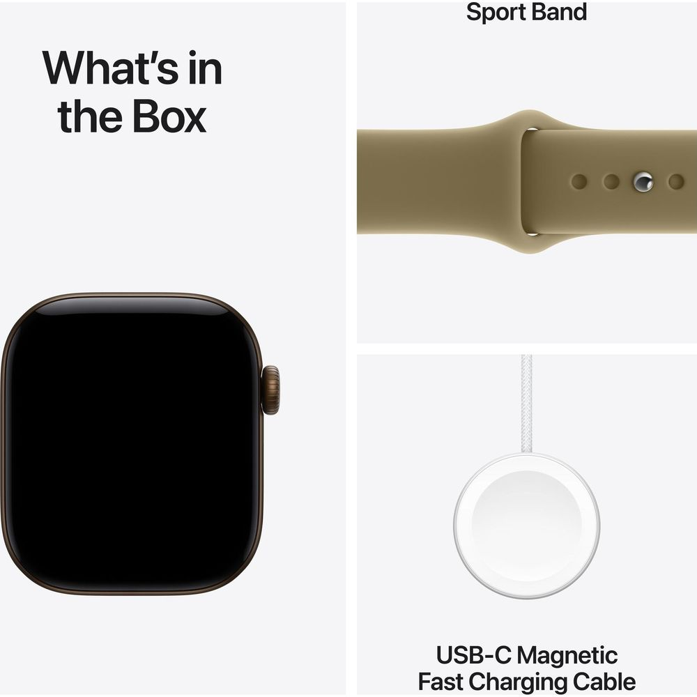 Il contenuto della confezione include uno smartwatch, un cinturino sportivo e un cavo di ricarica rapida magnetica USB-C.