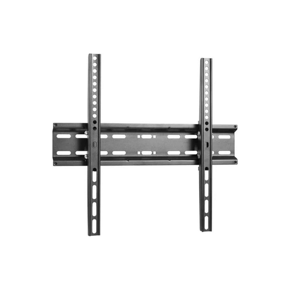Un soporte de pared para TV de metal negro con una placa base horizontal y dos soportes verticales.