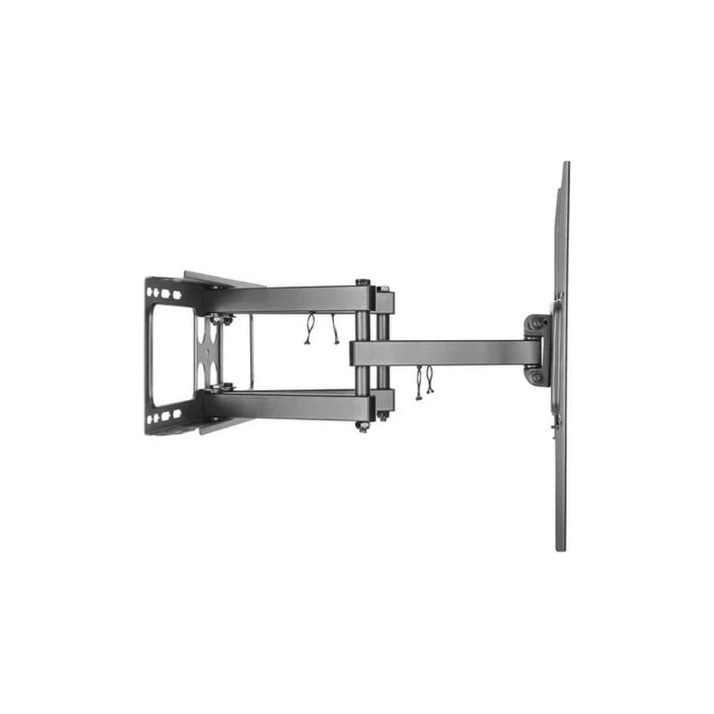 Un soporte de pared para TV negro y extensible que se muestra de perfil sobre un fondo blanco.