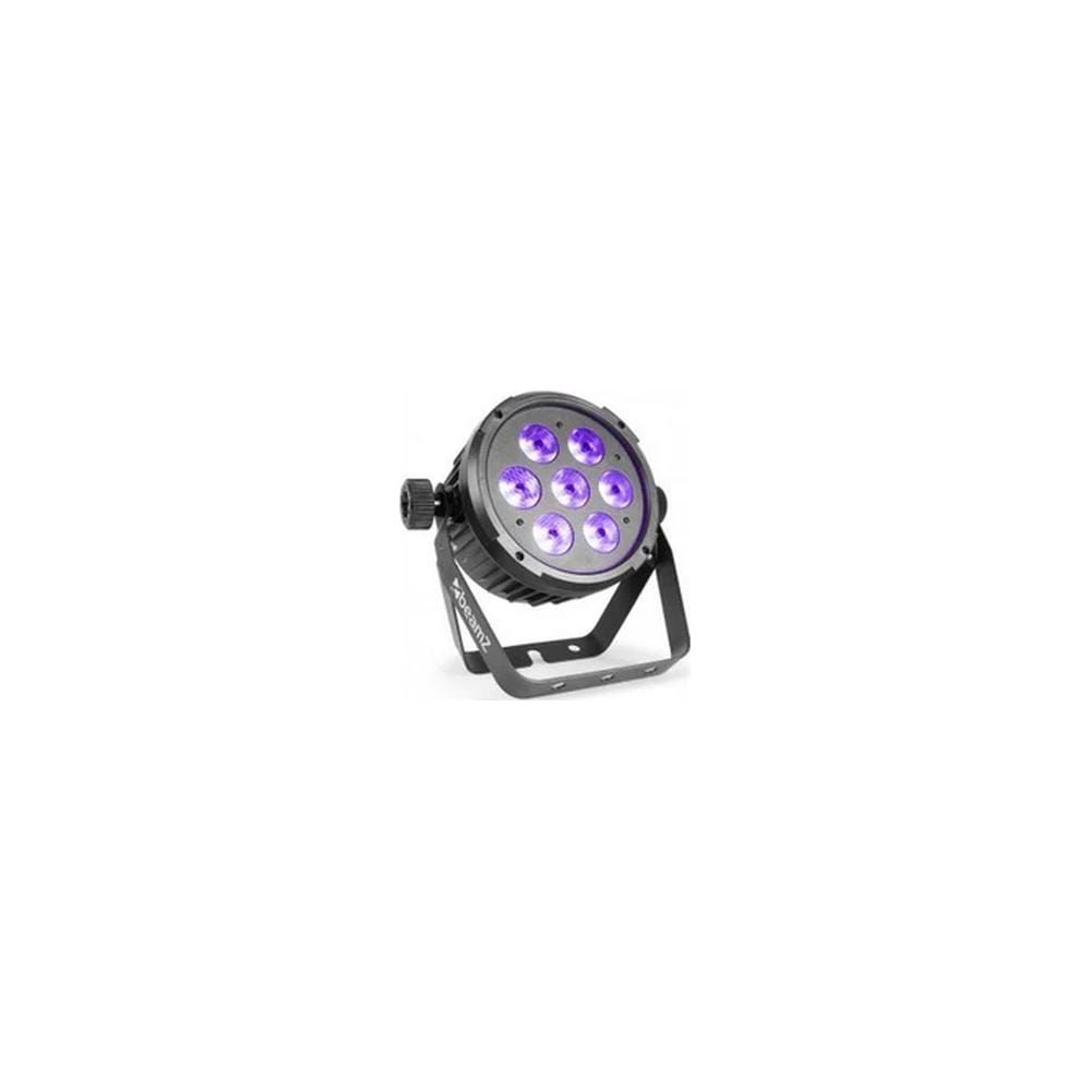 Un foco redondo y negro con siete luces LED púrpuras en un soporte de metal.