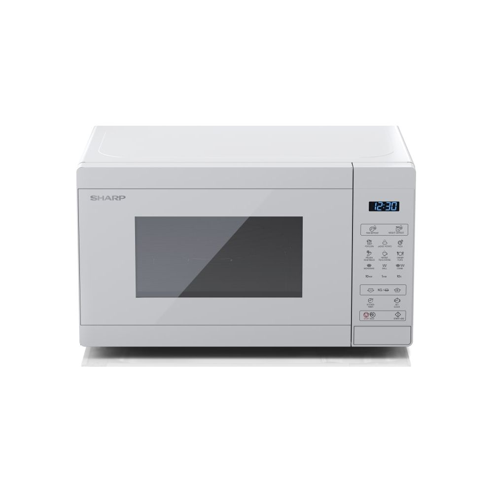 Un microondas Sharp blanco con pantalla digital y panel de control a la derecha sobre fondo blanco.