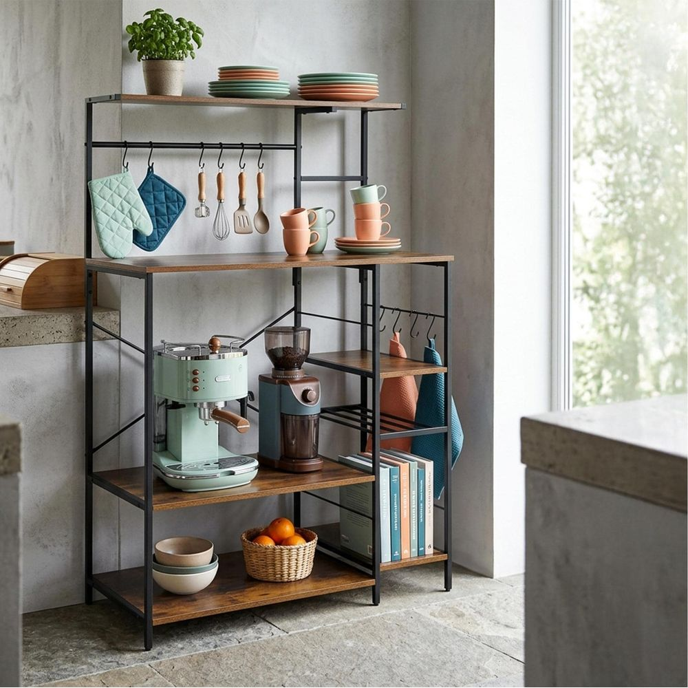 Ein Küchenregal aus Metall und Holz trägt eine grüne Kaffeemaschine, eine Mühle, Geschirr, Tassen und einen Orangenkorb.