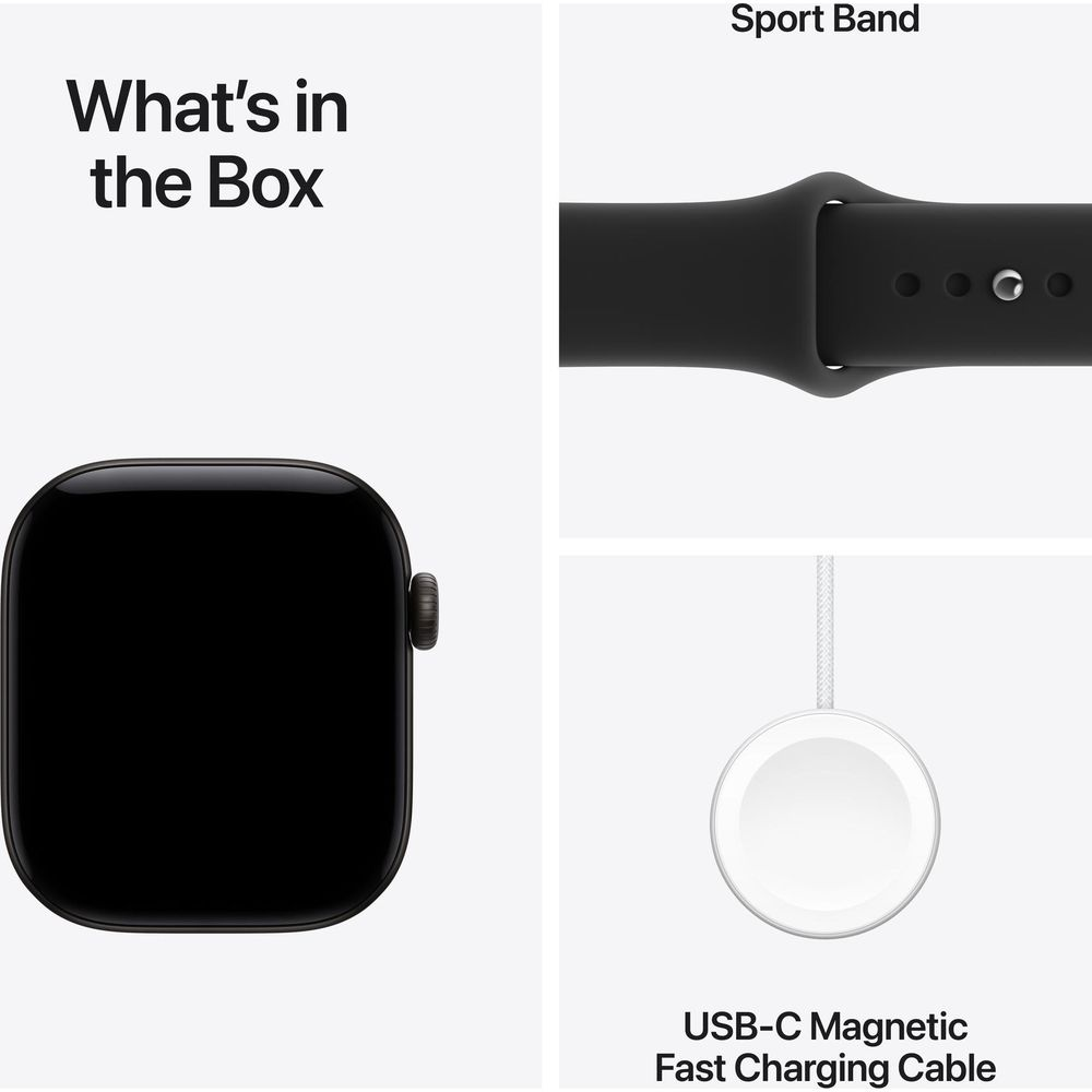 Cosa c'è nella confezione: Uno smartwatch, un cinturino sportivo nero e un cavo di ricarica rapida magnetico USB-C.