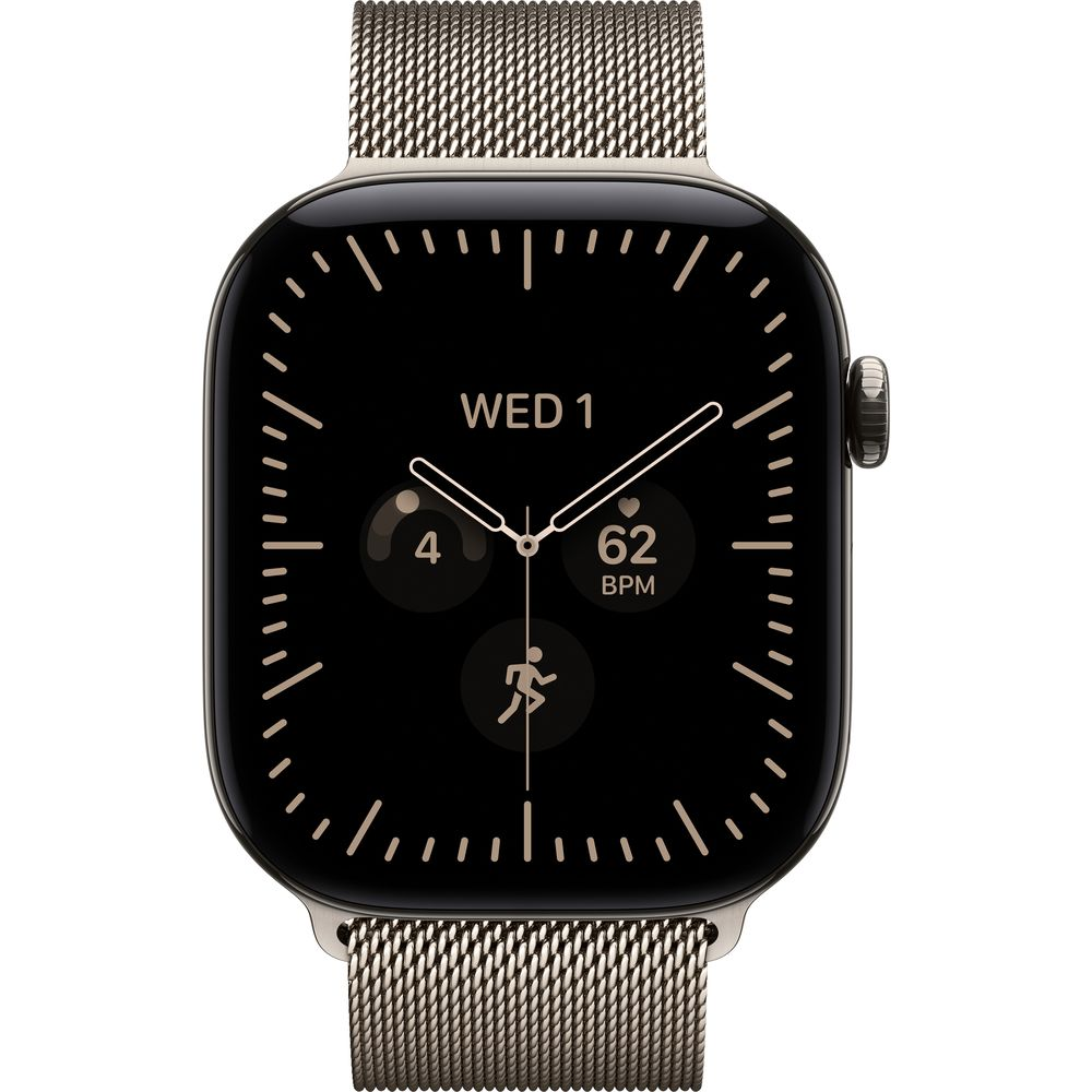 Eine elegante Smartwatch mit schwarzem Zifferblatt, silbernen Zeigern und einem Metallarmband.
