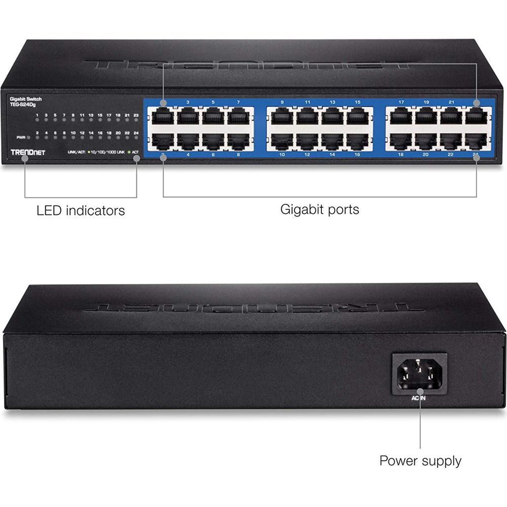 Vorder- und Rückseite eines schwarzen 24-Port-Gigabit-Switches mit LED-Anzeigen und Netzteil.