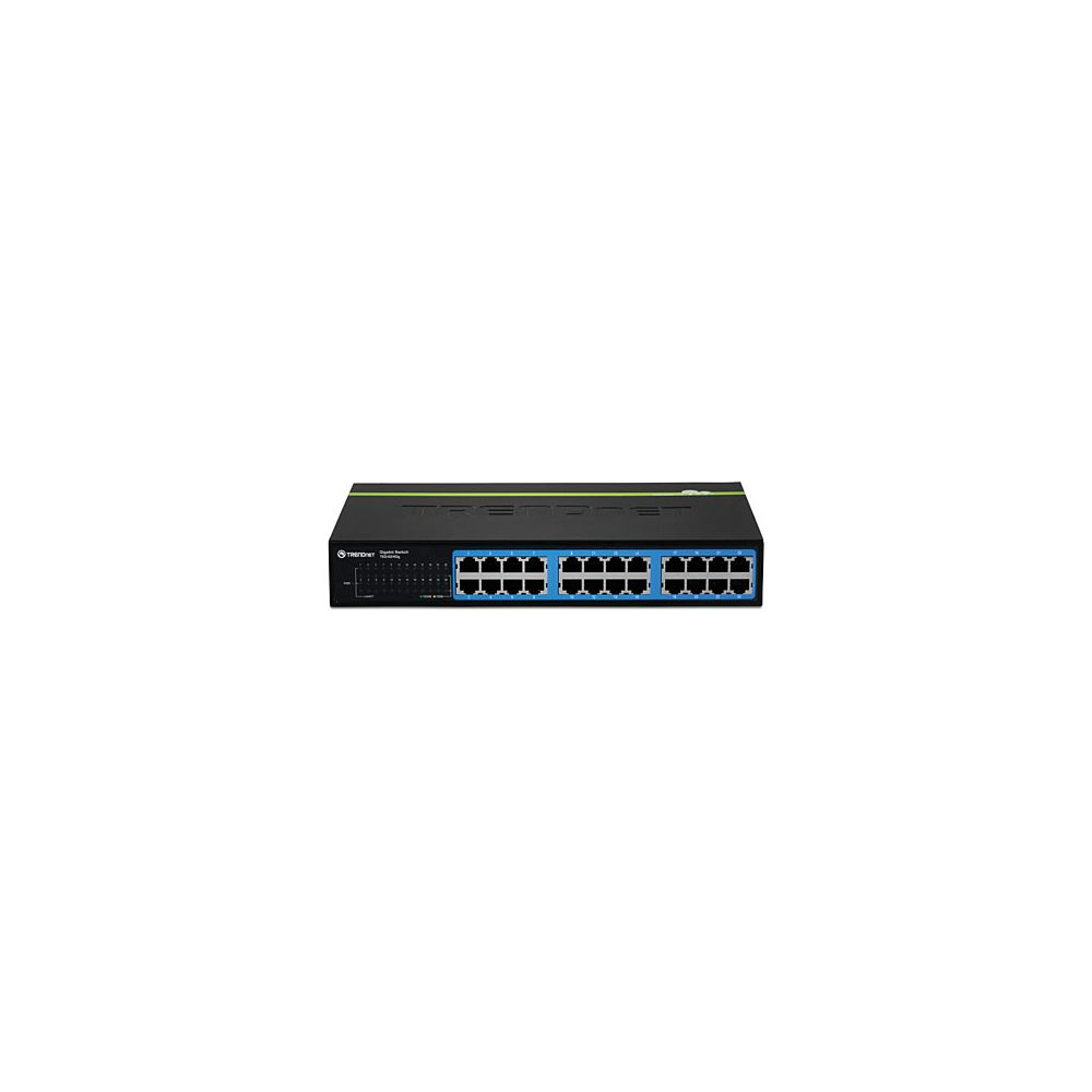 Ein schwarzer TRENDnet Gigabit-Switch mit zahlreichen Ethernet-Anschlüssen vor weißem Hintergrund.