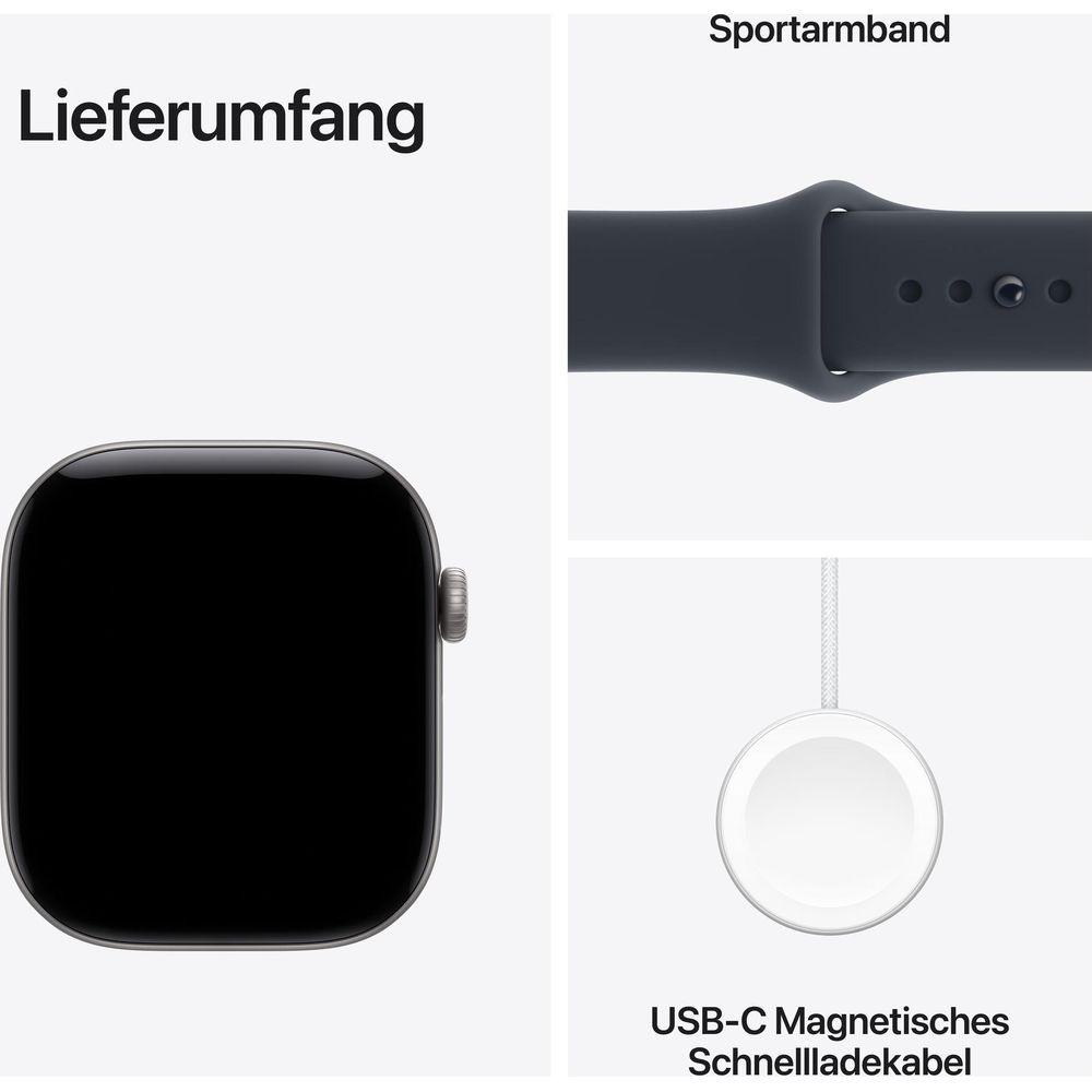 Contenuto della confezione: Apple Watch, cinturino sportivo e cavo di ricarica rapida magnetica USB-C.