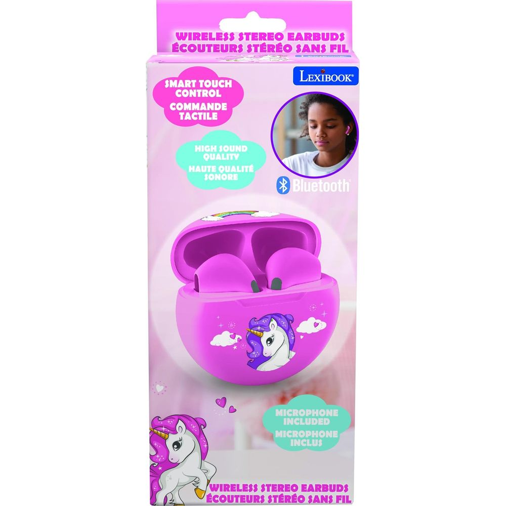 Embalaje rosa para auriculares inalámbricos de unicornio con estuche y foto de niña.