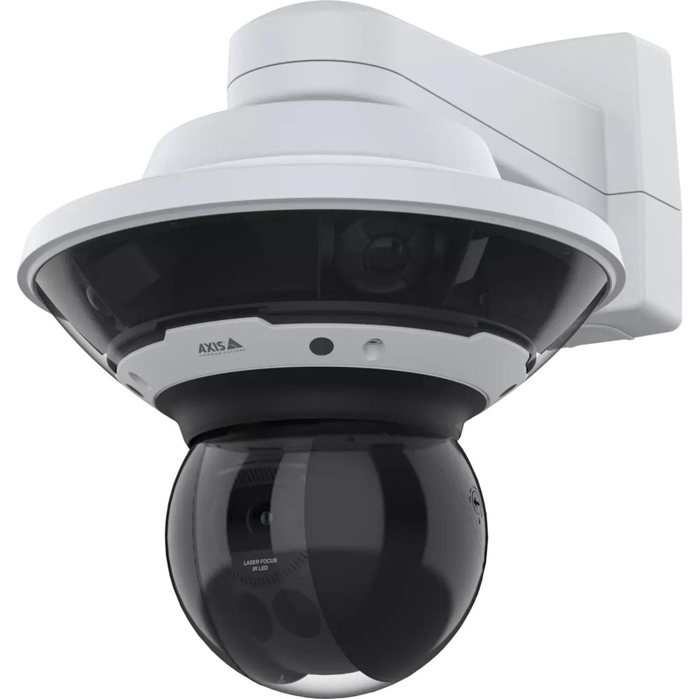 Una telecamera di sicurezza AXIS bianca con cupola nera montata a parete.
