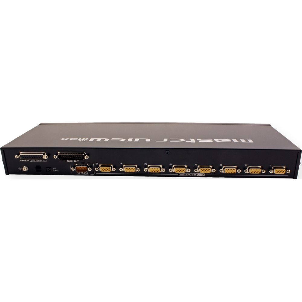 Panel trasero de un conmutador KVM MasterView negro con múltiples puertos amarillos y etiquetas blancas.