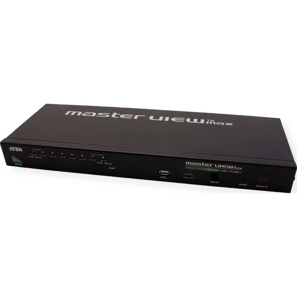 Un conmutador KVM Master View Max negro con puertos e indicadores LED en el panel frontal.