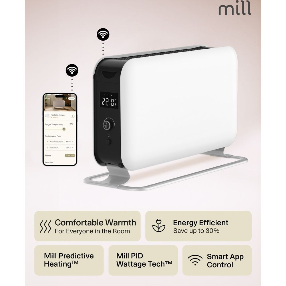 Ein weiß-schwarzer Mill Smart-Heizer, per WLAN mit einer Smartphone-App verbunden, mit Funktionssymbolen.