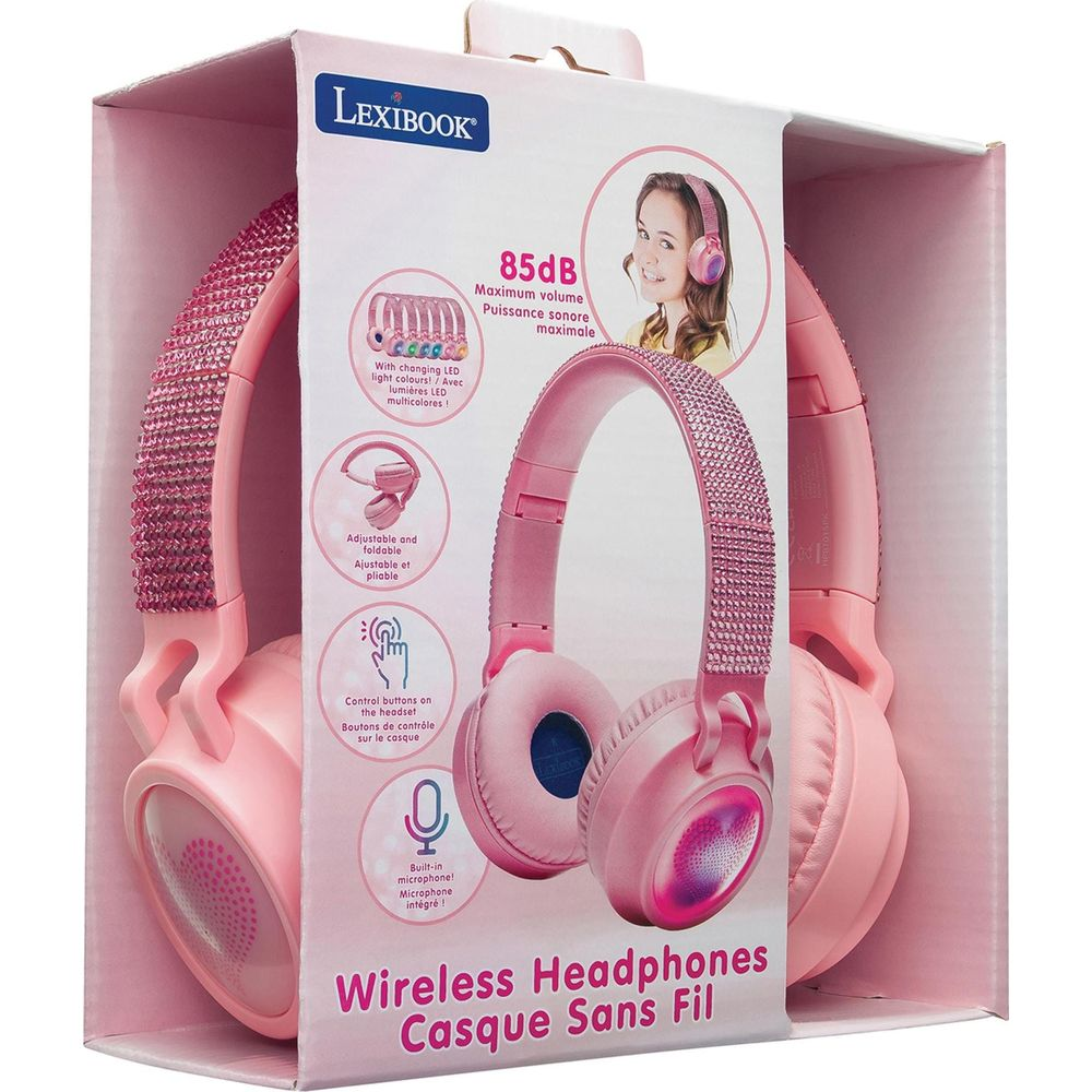Auriculares inalámbricos Lexibook rosas en su caja, decorados con pedrería y funciones.
