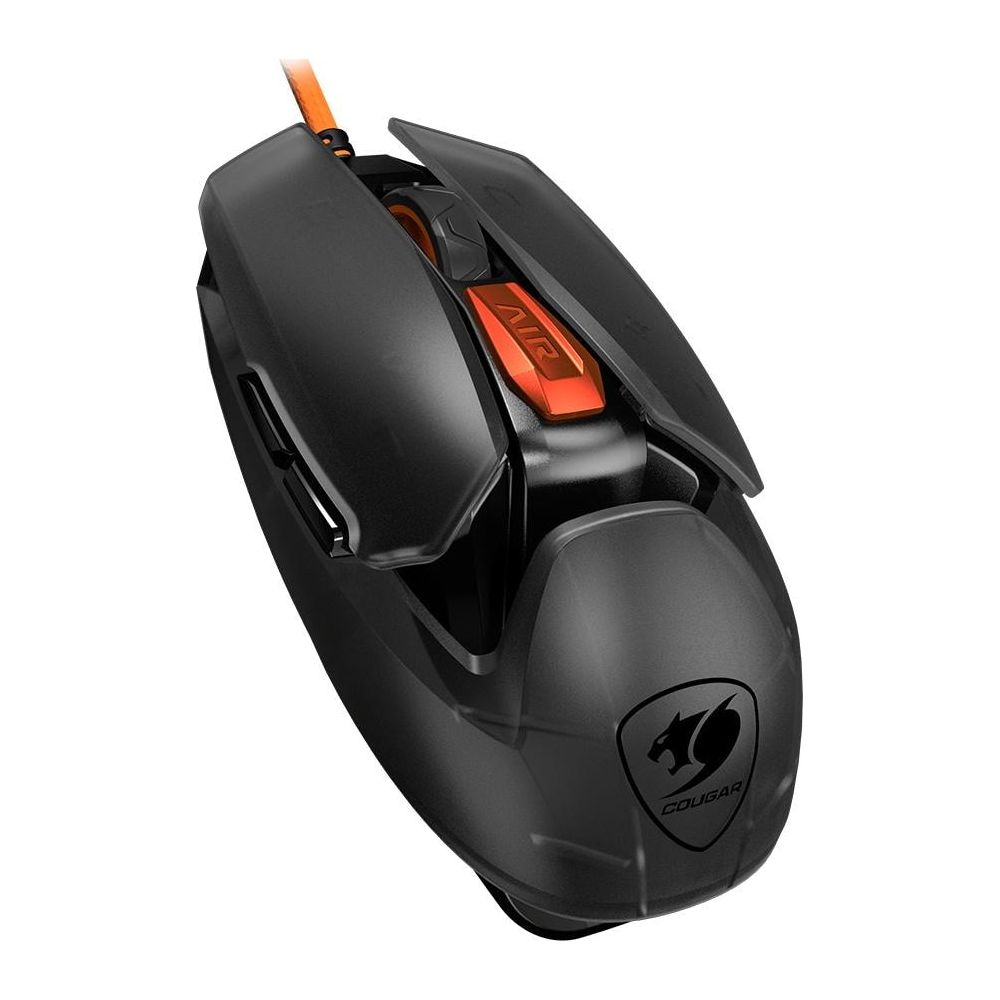 Eine schwarze Cougar-Gaming-Maus mit orangefarbenen Akzenten und Kabel vor weißem Hintergrund.