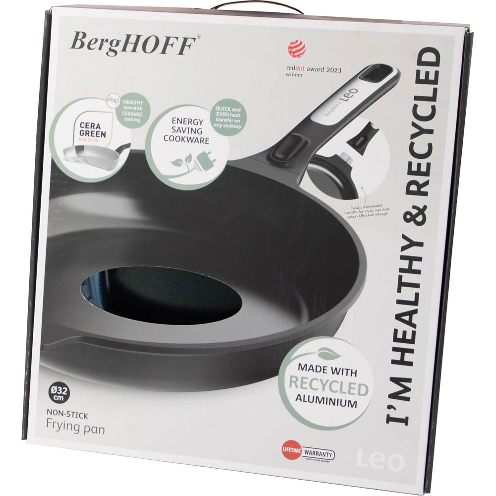 Product box of a black BergHOFF Leo frying pan made of recycled aluminum with green highlights.